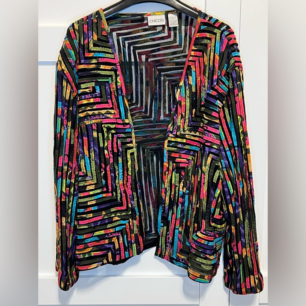Women's CHICO'S Stripes Embroidered Mesh Open Front Jacket Size 3 Colorful Y2k
